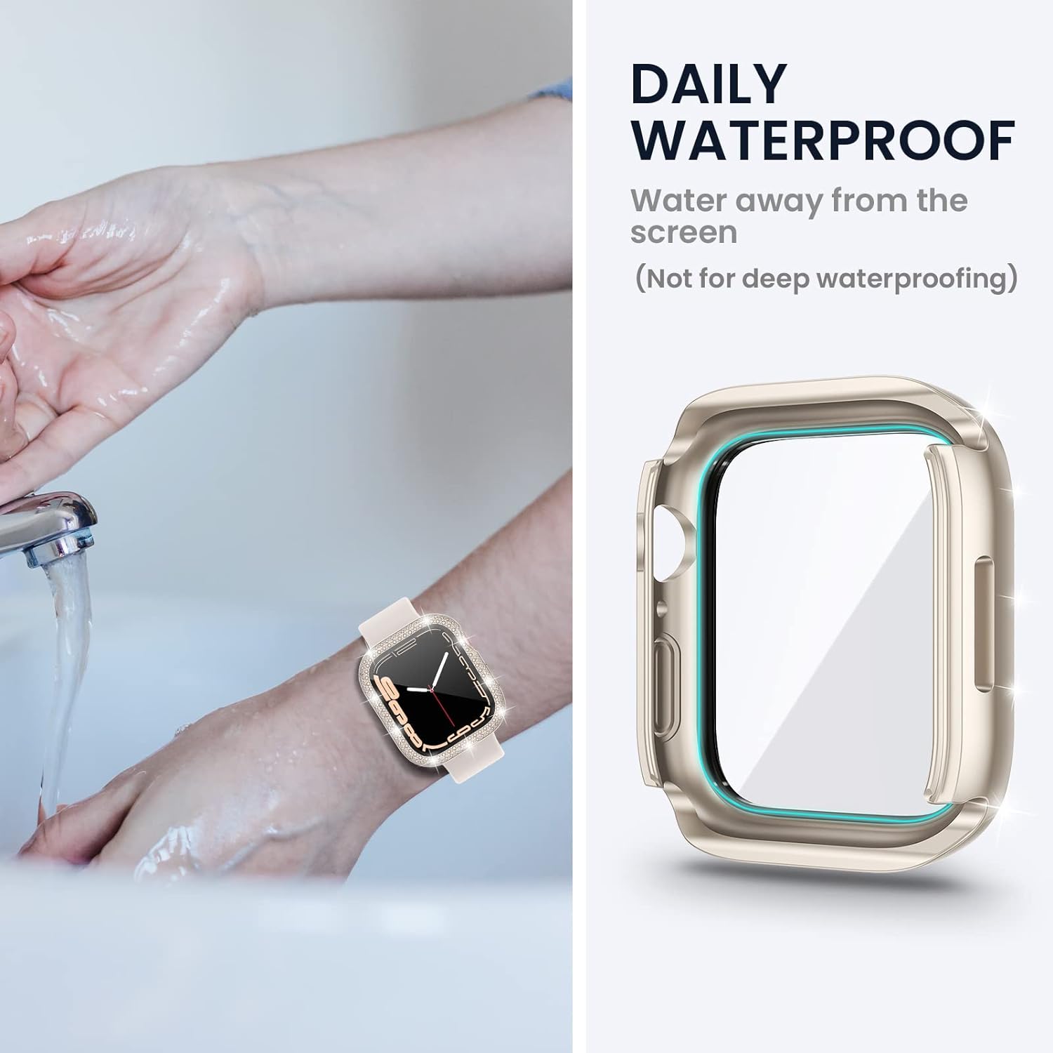 Tensea [2 in 1] for Waterproof Apple Watch Screen Protector Series 8 7 41mm Accessories, iWatch Hard Diamond Bumper Case Built-in Tempered Glass Film, Front & Back Bumper, Bling Face Cover Women - Image 4